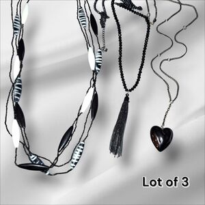 3 Necklaces Black Heart, Chain Tassel, Multistrand Black And White Beads